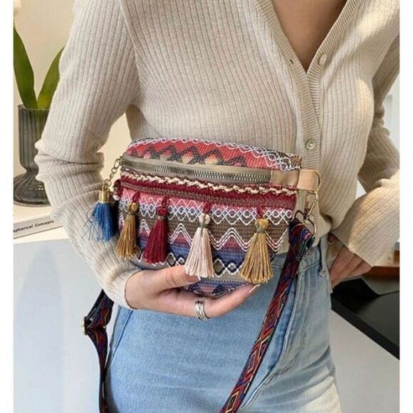 BOCHEIS - NWT Ethnic Style Boho Tassel Shoulder/Chest/Waist Bag in Woven Fabric - Picture 13 of 15